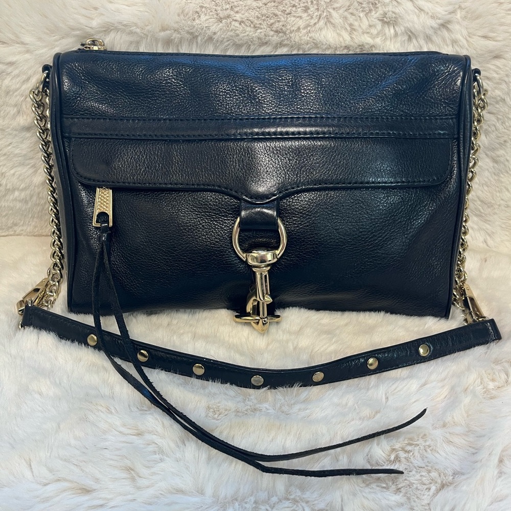Rebecca Minkoff Mac Clutch Large Leather Crossbody Shoulder Bag Black Gold